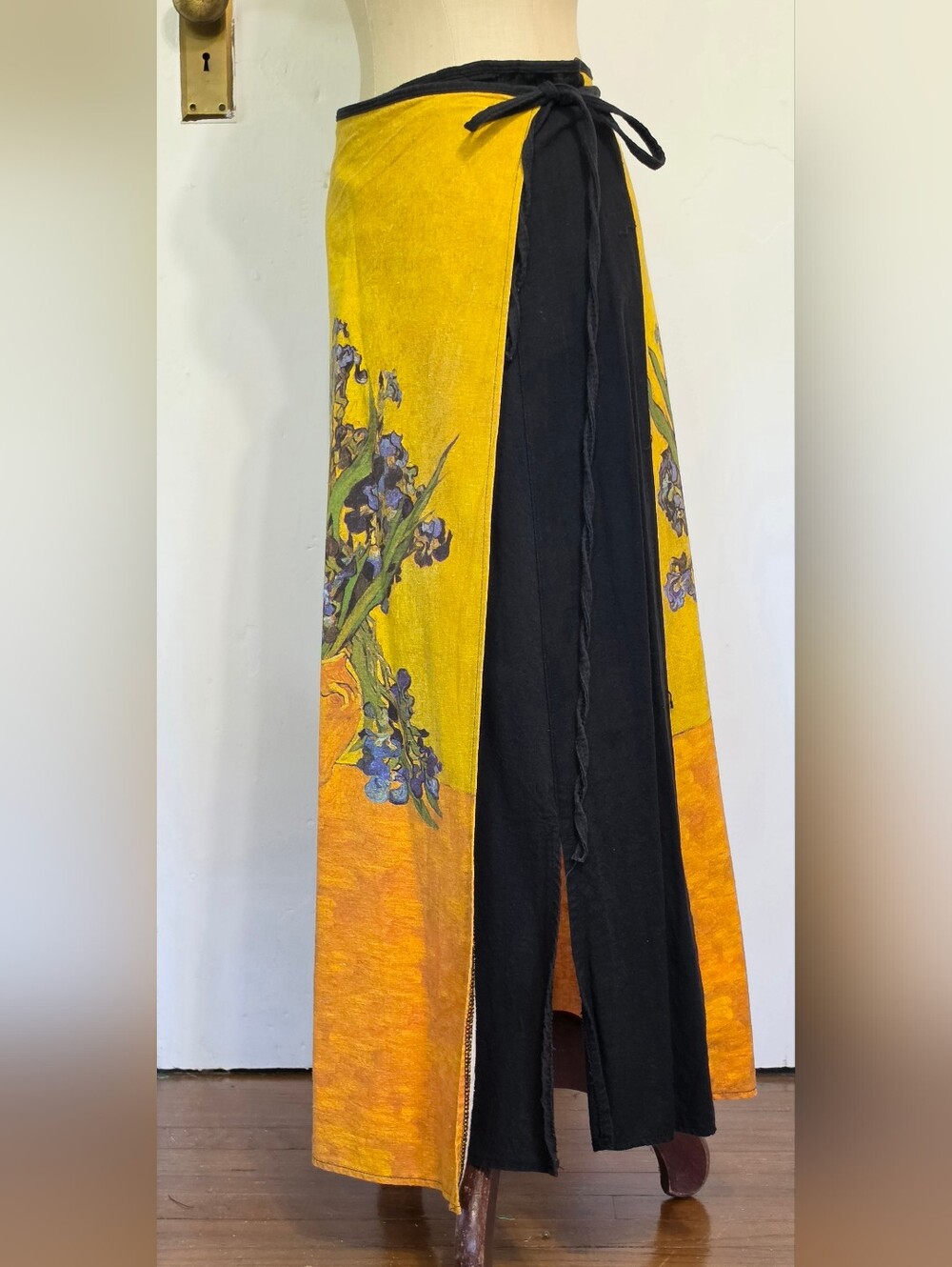 Vintage Hand Made Thailand Yellow, Floral Wrap Skirt with Black Panel.
